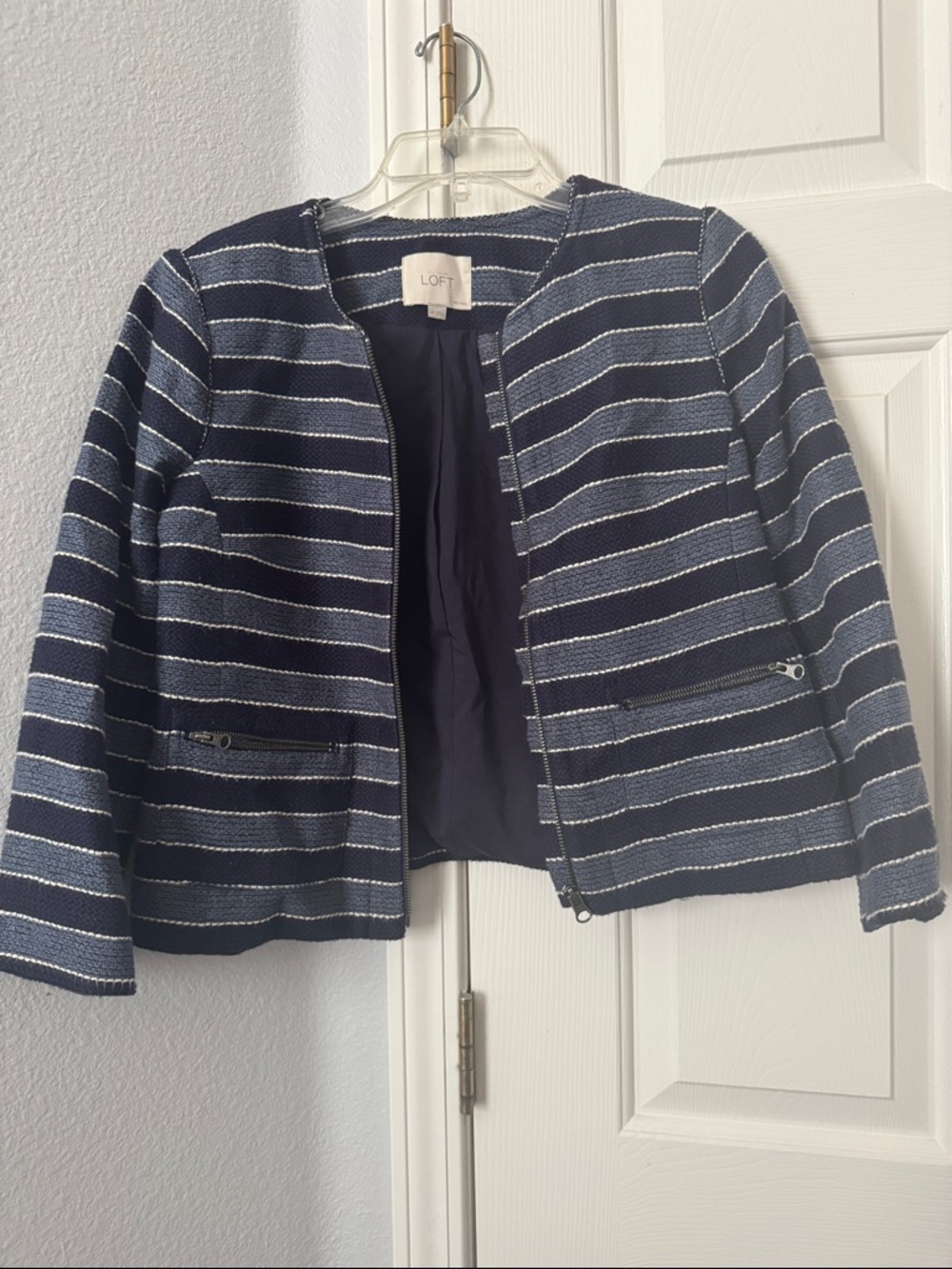 LOFT Navy and White Striped Zip-Front Blazer